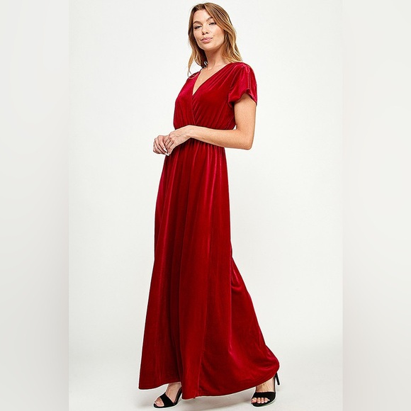 Velvet Maxi Dress Flutter Sleeve Formal V Neck Long Gown Red NWT - Picture 8 of 8